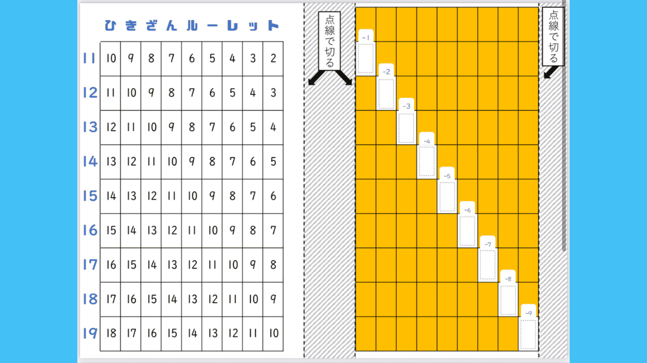 ひき算ルーレットのワークシート見本