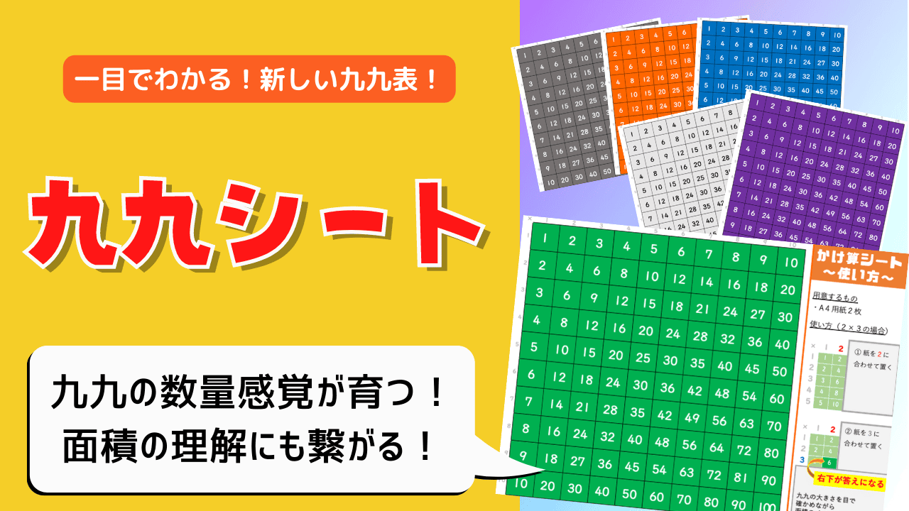 「九九シート」のタイトルロゴ（黄色背景に赤い太文字）と「一目でわかる！新しい九九表！」の赤い帯。右上にグレー・オレンジ・青・紫の4色の九九表シート、中央に緑色の大きな10×10マスの九九表、右下に「かけ算シート〜使い方〜」の説明カード。「九九の数量感覚が育つ！面積の理解にも繋がる！」の吹き出し