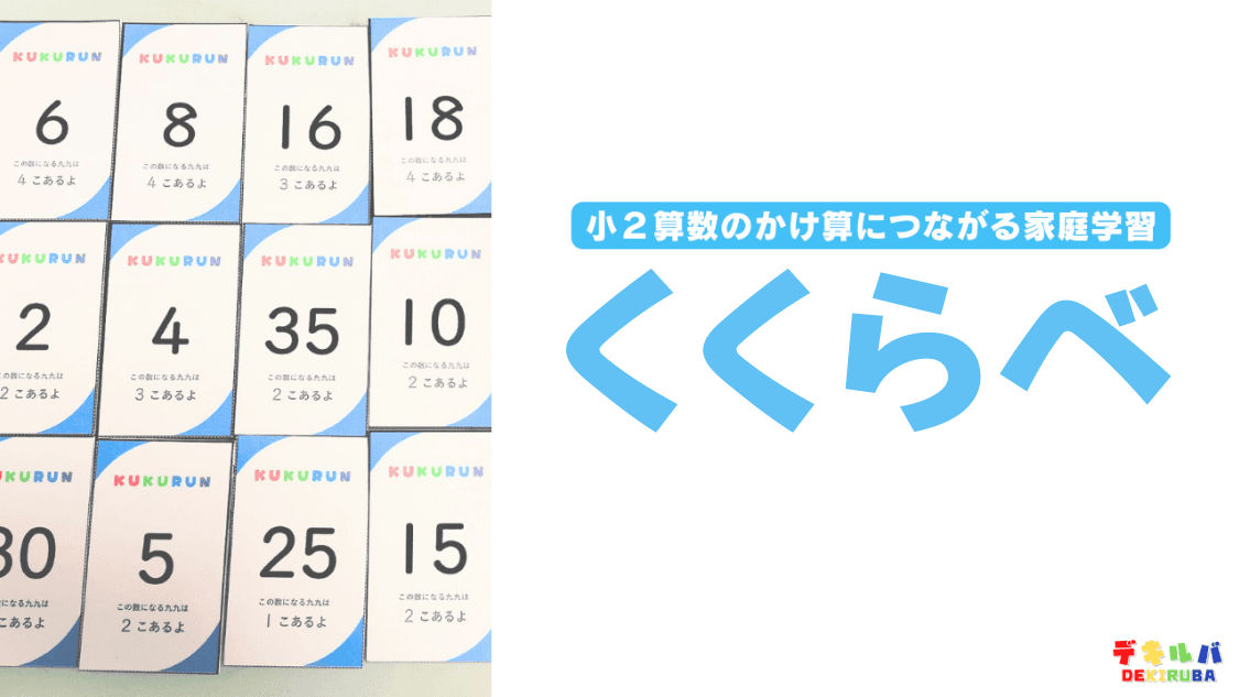 KUKURUNカードが4列3段に並んだ写真と「くくらべ」のタイトルロゴ。各カードには数字と「この数になる九九は○こあるよ」のヒントが書かれている。「小2算数のかけ算につながる家庭学習」の説明付き