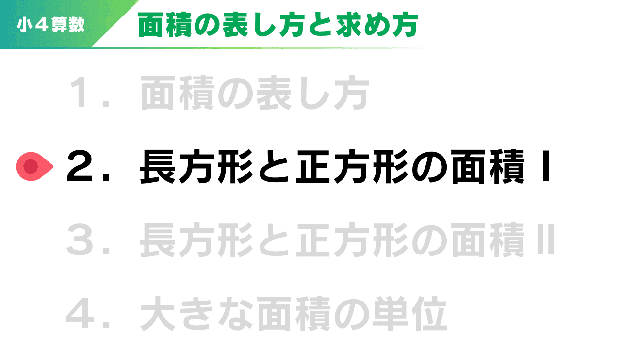小４算数『長方形と正方形の面積Ⅰ』教材のアイキャッチ。長方形・正方形の面積をどう求めるかを学ぶ無料教材であることを大きなタイトルと図を使って紹介している。