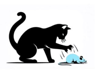 黒いネコが水色のネズミに爪を伸ばしてひっかいている動作のイラスト。